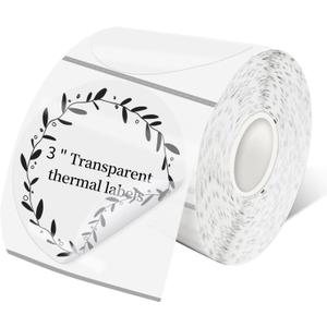3 Inch Transparent Round Thermal Label, Self-Adhesive Clear Waterproof Circle Sticker for Logo Design, Multipurpose Direct Thermal Labels, 300 Sheets/1 Roll