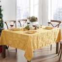 Newbridge Christmas Carol Holiday Noel Damask Fabric Tablecloth, 60 x 84 Inch Rectangle, Gold, Holly Leaf Poinsettia Weave, Wrinkle Free Soil Resistant Easy Care Table Cover