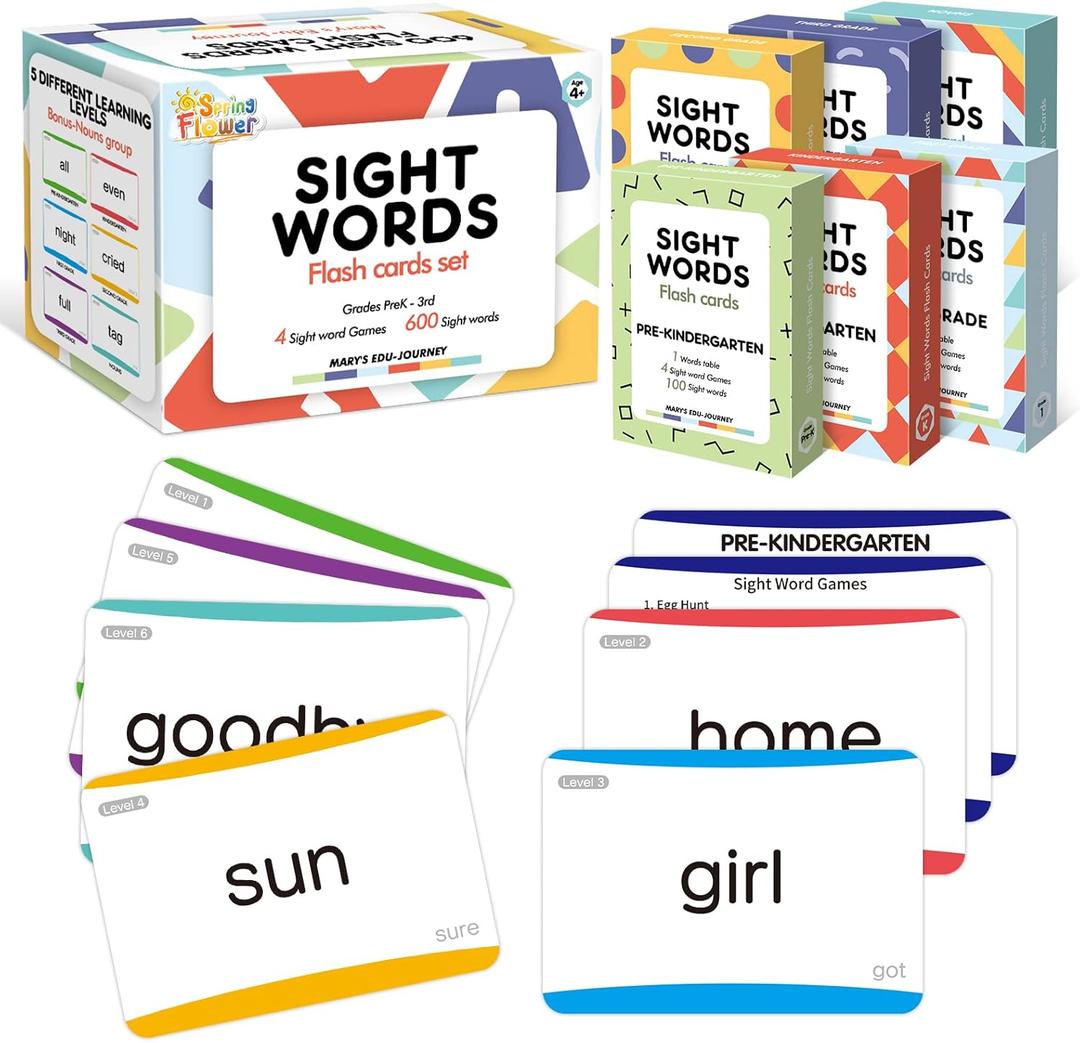 Springflower 600 Sight Words Flash Cards, Dolch & Fry High Frequency Flash Cards for Kindergarten Homeschool Supplies, Games for Kids Pre-K, 1st, 2nd, 3rd Grade