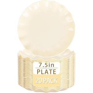 LIYH 20 Pcs Beige Plastic Plates Reusable 7.5 Inch - Unbreakable Plastic Dessert Plates - Scalloped Cake Plate for Weddings Camping Party Outdoor Picnics Dishwasher Safe BPA Free
