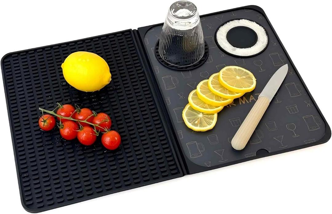 Bar Mat, Bar Accessories, Multifunctional Folding Cocktail Mat with Cutting Board, 18" X 12"(Black) Drying Mats,Bar Mat for Countertop,Bar Decorations for Home , Outdoor Bar Accessories ,Travel