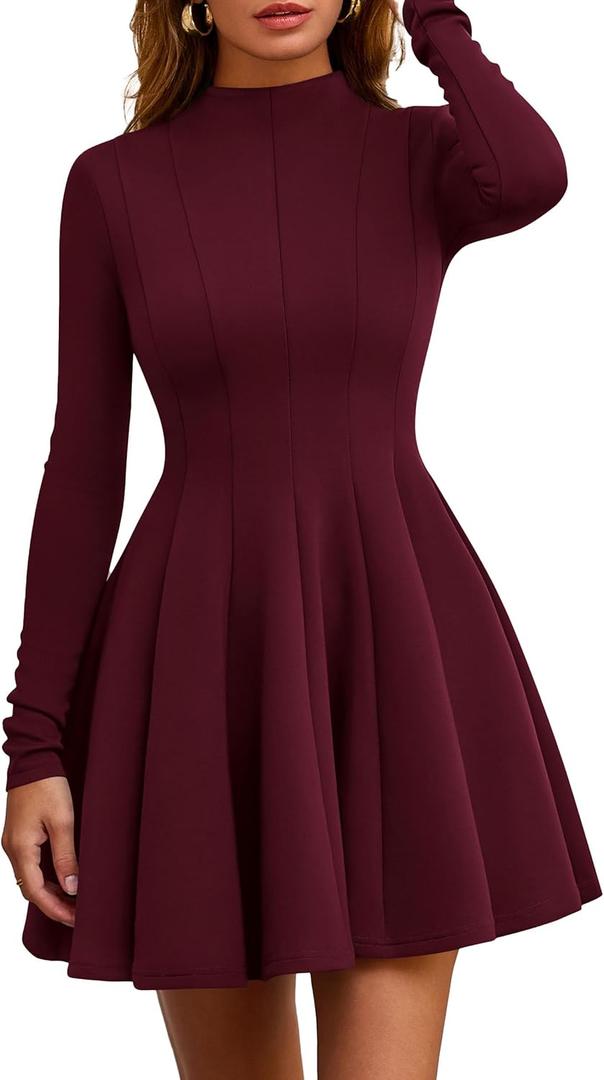 PRETTYGARDEN Fall Dresses for Women Elegant Classy 2026 Casual Long Sleeve Swing A Line Ruffle Short Homecoming Party Dress (Burgundy, X-Large)
