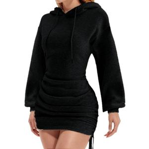 BEAGIMEG Women's Long Sleeves High Neckline Hooded Solid Stretch Casual Mini Sweatshirt Dress (Black), Small