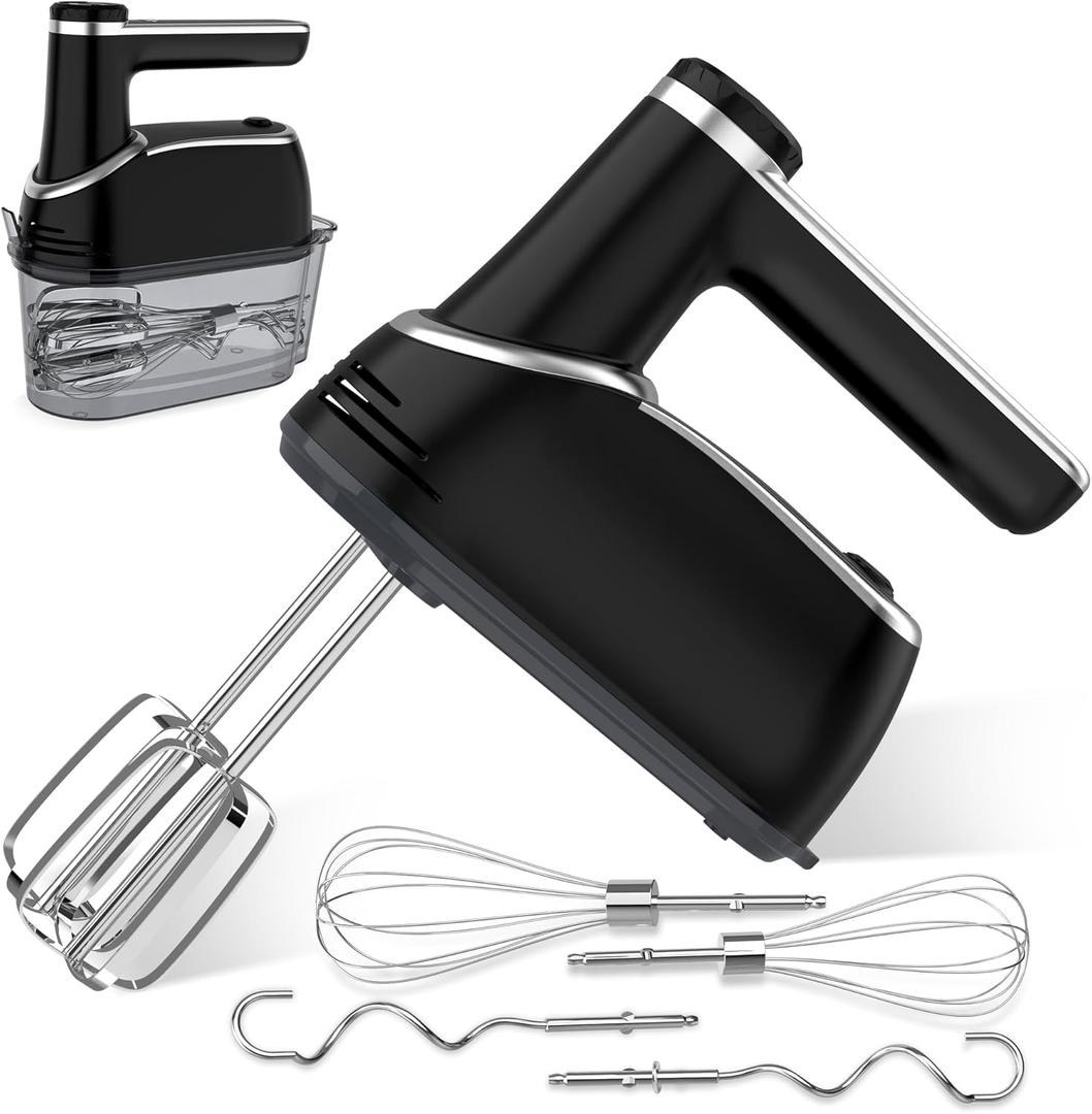Cordless Electric Hand Mixer: 12 Speeds Powerful Handheld Mixer with 6 Stainless Steel Attachments (2 Beaters, 2 Dough Hooks, 2 Whisks), Snap-On Storage Case & Eject Button (Black)