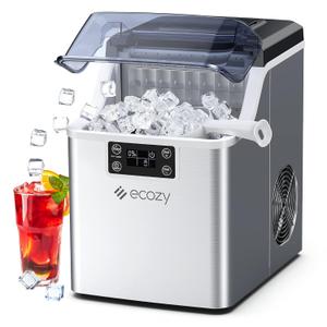 ecozy Countertop Ice Makers, 45lbs Per Day, 24 Cubes Ready in 13 Mins, Stainless Steel Housing, Auto Self-Cleaning Ice Maker with Ice Bags and Ice Scoop for Kitchen Office Bar Party (Shiny Silver)