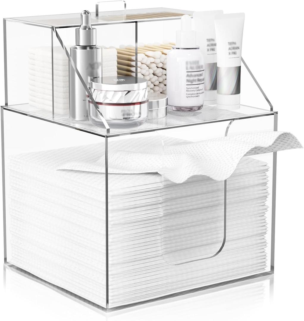 Disposable Facial Towels Storage Box Compatible with Clean Skin Club Clean Towel XL-Cotton Pads-Swabs Upgraded Double Layer Face Towel Holder Acrylic Storage Container Valentine's Day Gifts (Clear)
