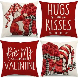 Valentine's Day Pillow Covers 20x20 Roses Love Heart Gnomes Valentines Day Decorations Be My Valentine Throw Pillow Covers Hugs and Kisses Wedding Cushion Case for Sofa Couch Set of 4