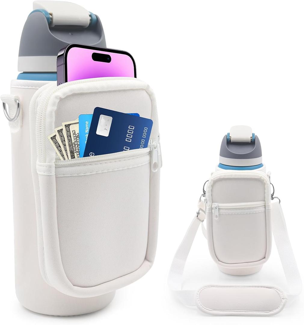 for Owala FreeSip Insulated Stainless Steel Water Bottle Cup Holder Cover Carrier Sling Bag with Strap, Pouch Pocket for Phone/Accessories, add Handle for Owala 40oz (White-40oz)