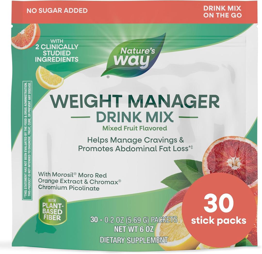  Nature's Way Weight Manager Drink Mix Packets, Mixed Fruit Flavored, 30 ct | Supports Craving Management & Abdominal Fat Loss*(1), with Clinically Studied Ingredients, Plant-Based Fiber, No Sugar (EXP 12/20/26)