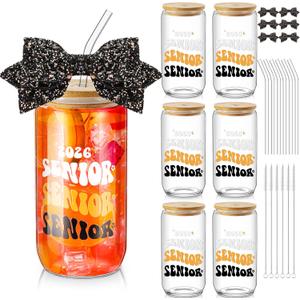 Hushee 6 Set Class of 2026 Senior Night Gifts 16 oz Glass Water Bottle with Lids Straws Glitter Bow Straw Topper Senior 2026 Tumbler Graduation Gift for Her Women Team Coach Player(Black)