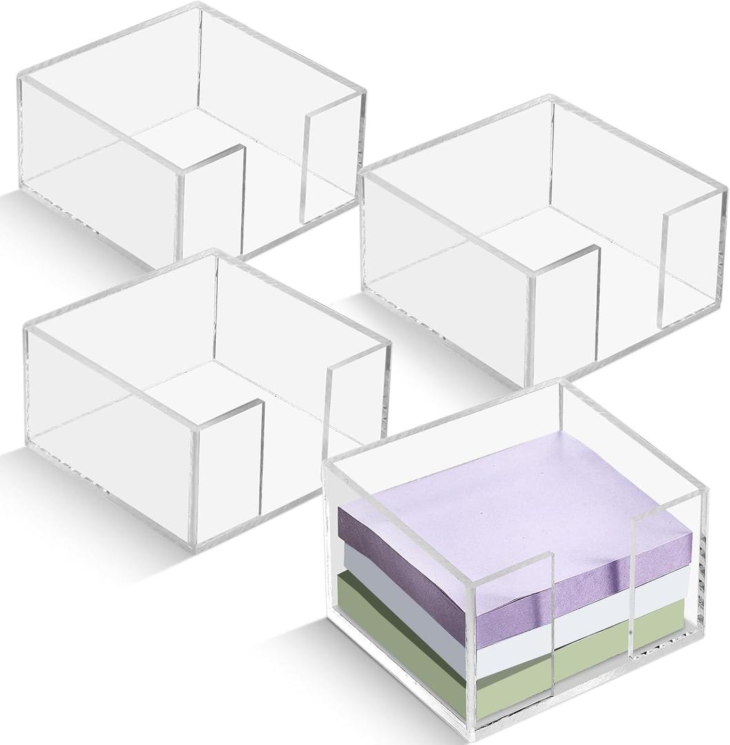 4 Pcs Acrylic Sticky Note Holder 3 x 3 Clear Crystal Acrylic Note Dispenser Notepad Memo Holder Office Desk Organizer Accessories Sticky for Dorm Room Office Desk