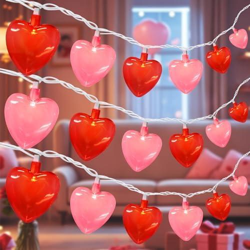 20 LED Pink Red Heart String Lights, 12Ft Valentine's Day Decorations Lights Outdoor Waterproof with 20 LED Red and Pink Heart Light for Home Fireplace Door Windows Fence Party Valentines Day Decor