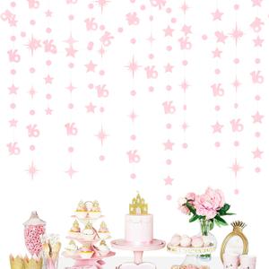 Glitter Pink Number 16 Circle Dot Twinkle Star Garland Hanging Streamer Bunting Banner Backdrop Decorations for Girls Happy 16th Birthday Sweet Sixteen 16th Anniversary Cheers to 16 Years Party Decor