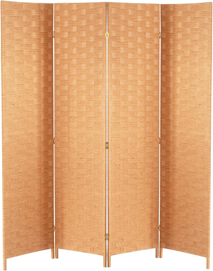 Wood Mesh Woven Design 4 Panel Folding Wooden Screen Room Divider (Natural)