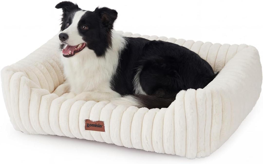 Dog Bed Medium Size Dog - Large Rectangle Orthopedic Pet Bed with Fluffy Washable Cover and Anti-Slip Bottom, 30x24x9inches, Cream