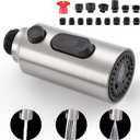 Kitchen Faucet Spray Head Replacement, Pull Down Faucet Head Replacement with 15 Adapters, 3 Function Spray Nozzle for Kitchen Faucet, Replacement Pull Out Faucet Head, Brushed Nickel
