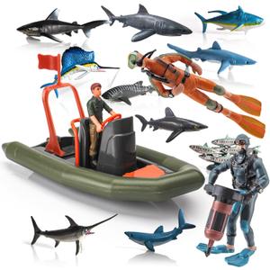 BRETOYIN 14PCS Mini Shark Bath Submarine Toys Set  Scuba Diver Unable to Wing Up for Kids  Educational Science Sharks Whale Figurines Model