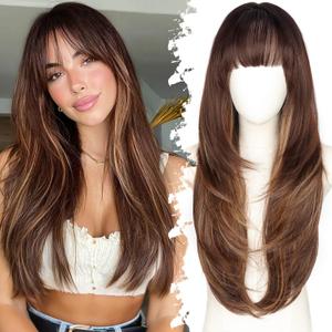 Long Brown Highlight Wig with Bangs for Women,4x4 Realistic Scalp,Free Parting,Layered Hairstyle Synthetic Heat Resistant for Daily Party Use 26 inch