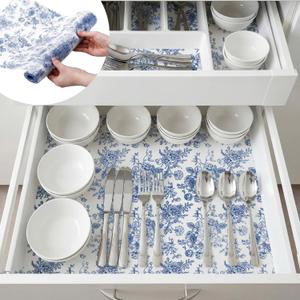 Kathfly Blue Floral Shelf and Drawer Liner for Kitchen Cabinets Refrigerator Liner Non-Adhesive Waterproof Fridge Cupboard Mat for Home Table Kitchen Decoration Easy to Clean 12 x 360 Inch