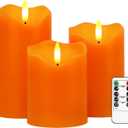 Flameless Candles Lights, Set of 3 Orange Flickering LED Candles with Remote & Timer, Dimmable LED Pillar Candles Battery Operated, Electric Candles for Fall Halloween Thanksgiving Decor (Orange)