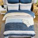 WONGS BEDDING Blue Comforter Set King Size, 7 Pieces King Bed in a Bag for All Season, Soft and Breathable Striped Bedding Set with Boho Comforter, Flat Sheet, Fitted Sheet, Pillowcases & Shams