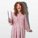 7 Pcs Halloween Women Scary Costume Set, Pink Floral Dress, Brown Wig, Bloody Knife, Horror Stickers Cosplay Outfit (L)