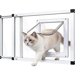 Full Glass Cat Door for Window,22"-28.5" Adjustable Width,1-Min Install | 4 Locking Modes,Aluminum Frame,HD Glass,Magnetic Closure,Weatherproof Sliding Pet Door Window Insert for Cats, Fit 22"-28.5" Window