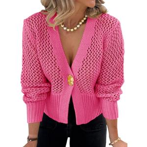 Cicy Bell Womens Cropped Crochet Cardigans Hollow Out Button Down Lantern Sleeve Knit Sweaters Casual Mesh Loose Fit Cover Up (Pink), Size Large