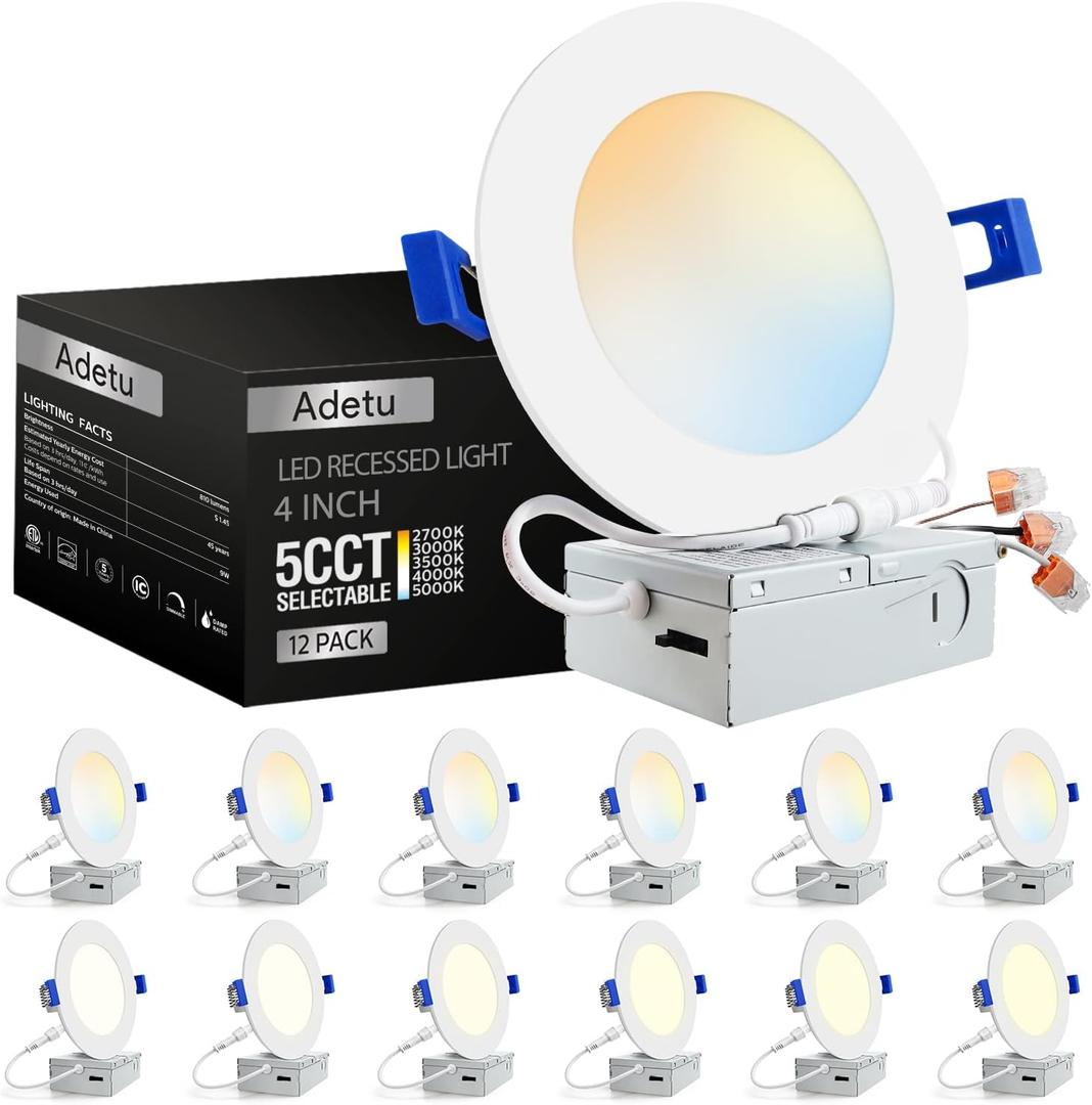 Adetu 12 Pack 4 Inch 5CCT Ultra-Thin LED Recessed Ceiling Light with Junction Box,Dimmable Canless Wafer Downlight,2700K-5000K Selectable,9W Eqv 80W,810LM High Brightness,ETL Certified Adetu 12 Pack 4 Inch 5CCT Ultra-Thin LED Recessed Ceiling Light with Junction Box,Dimmable Canless Wafer Downlight,2700K-5000K Selectable,9W Eqv 80W,810LM High Brightness,ETL Certified