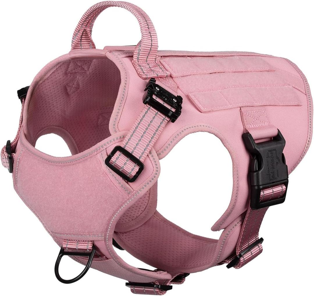 ICEFANG Tactical Dog Harness, Medium Size, 2X Metal Buckle, Working Dog MOLLE Vest with Handle, No Pulling Front Leash Clip, Hook and Loop Panel (Pink, M (Pack of 1))