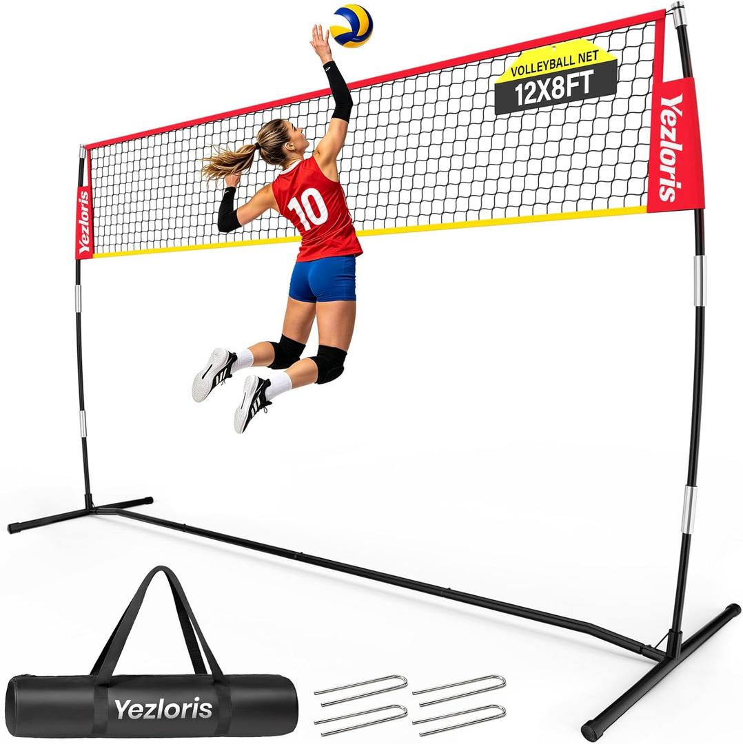 12ft Freestanding Volleyball Net – Height Adjustable 7.4ft/8ft for Men & Women, Durable Fiberglass Poles, 4-Minute Quick Setup – Includes Carry Bag & Stakes for Backyard, Gym, Beach