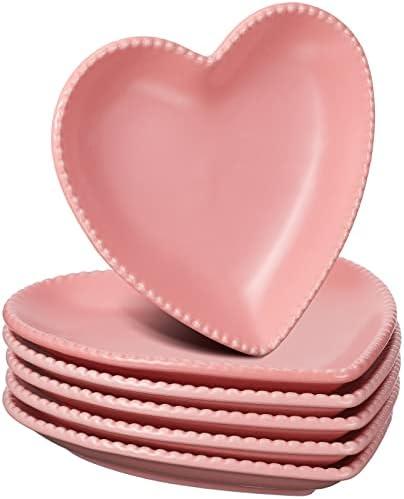 Meanplan 6 Pcs Heart Shaped Plates Ceramic 6.9 Inches Salad Ceramic Graduation Plates Dinner Heart Shaped Serving Dish Dessert Elegant for Kitchen Steak Snacks(Pink)