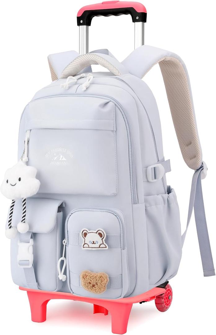 Girls Rolling Backpack with Wheels, Girls Wheeled Backpack for School, Kids Roller School Bag Bookbag on 2 Wheels, Light blue