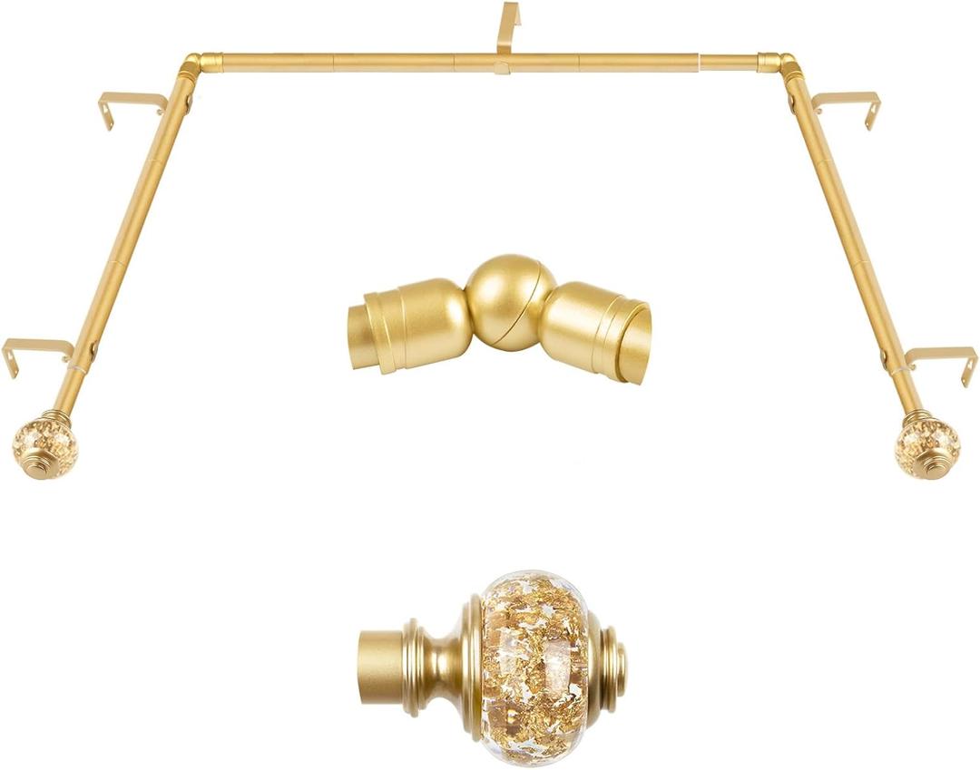 Bay Window Curtain Rods, USFOOK Gold Curtain Rods for Bay windows 32 to 86 Inch (Center Rod), 32 to 58 Inch Side Rod for windows, Decorative Drapery Rods with Bling Finials