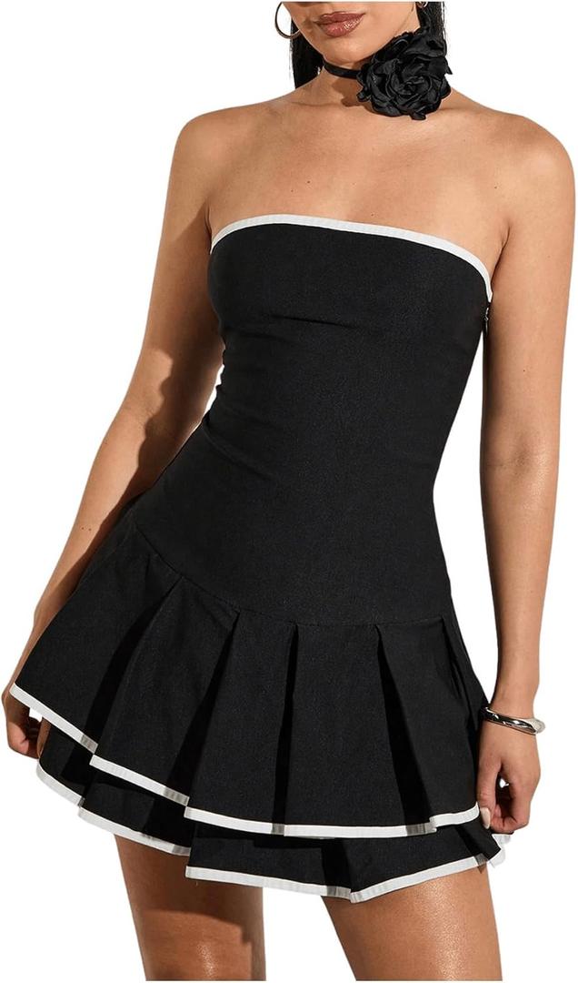 Floerns Women's Contrast Binding Tube Tops Dress Pleated Tiered Party A Line Dresses Black Small