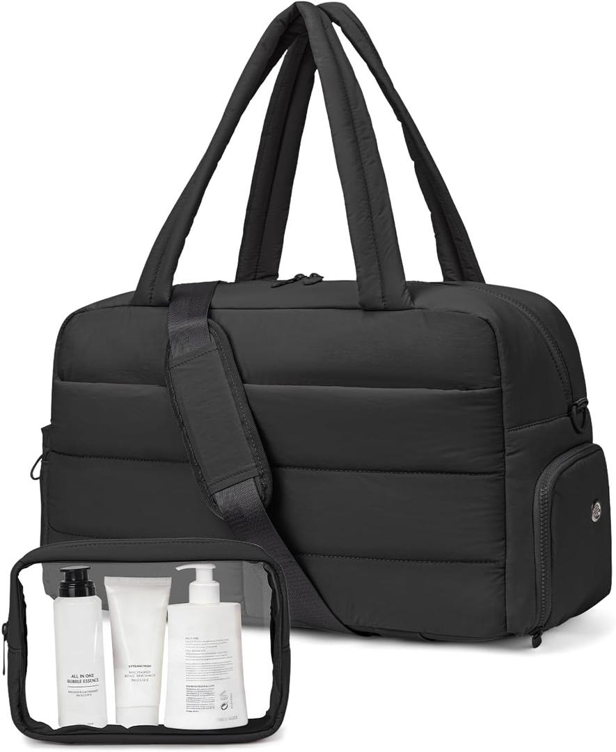 Gitus Carry On Duffle Gym Bag for Women Puffer Weekender Overnight Duffel Bag for Travel with Clear Toiletry Pouch Sport Yoga Fitness Essentials Gifts (Black)