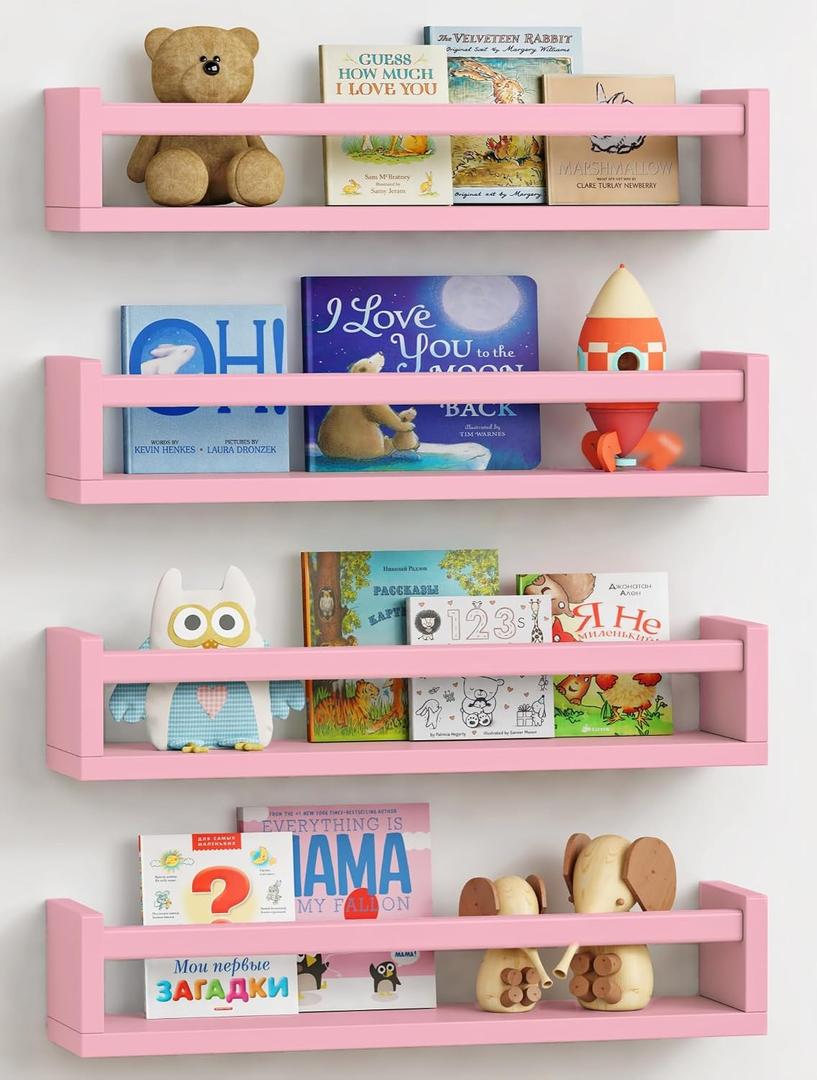 Forbena Pink Nursery Floating Shelves for Wall, Small Kids Wall Bookshelf for Baby Toddler Girls Room, Wood Nursery Hanging Book Shelves for Children's Bedroom Toys Storage Organizer (Set of 4, Pink)