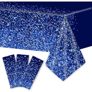 3pcs Blue Silver Tablecloths Denim and Diamonds Party Decorations Navy Blue and Silver Tablecloth Disposable Plastic Royal Confetti Rectangle Table Cover for Birthday Wedding Party Decor Supplies