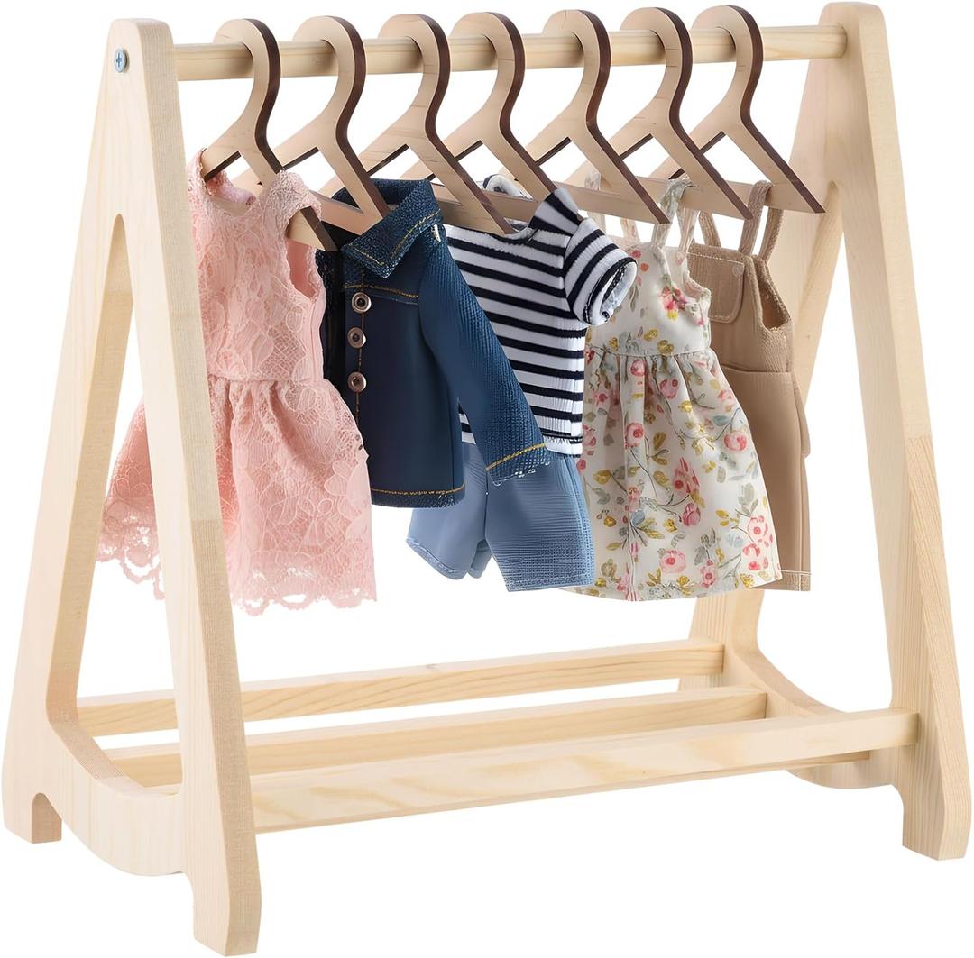 Civaner 11 Pcs Wooden Doll Garment Rack with Clothes Hanger for 18 Inch Doll Clothes Mini Wardrobe Furniture for Dollhouse Accessories Baby Shower Supplies Displaying Biscuits