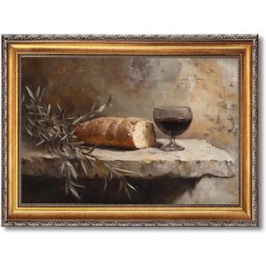 RINMFEO Golden Frame Last Supper Communion Canvas Art Christian Wall Painting Bread and Wine Still Life Religious Artwork Easter Home Decor Faith Based Presentation 12x16inch