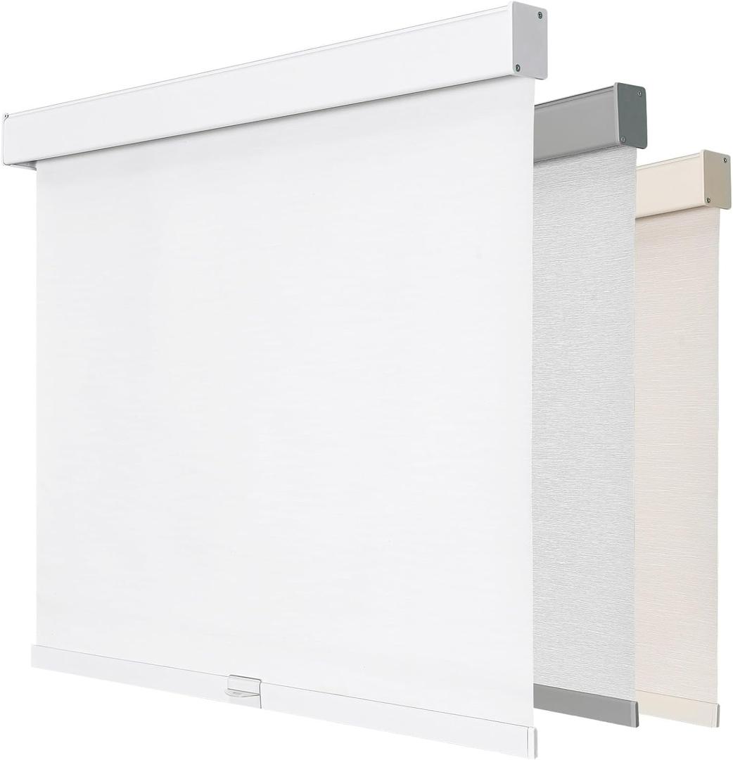 Joydeco 100% Blackout Roller Shades Cordless Blinds for Windows, Free-Stop Shades, UV Protection, Natural Woven Blinds for Home and Office, Light-Proof Aluminum Cover (White, 44" W x 75" H)