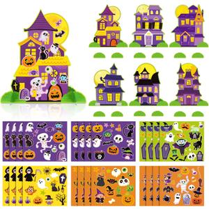 Spiareal 24 Pcs Halloween Sticker Scenes Make Your Own 3D Halloween Haunted House Sticker Scene Bulk DIY Holiday Castle Decoration Craft for Holiday Party Make a Scene Activities