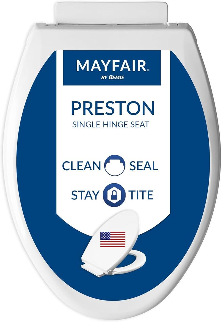 Mayfair Preston Easy to Clean Single Hinge Toilet Seat, Modern Slow Close Plastic Toilet Seat, Made in USA, Elongated, White