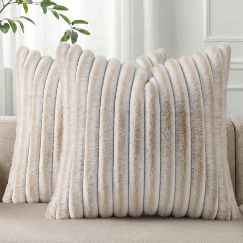 Pallene Faux Fur Plush Throw Pillow Covers 20x20 Set of 2, Luxury Soft Fluffy Striped Decorative Pillow Covers for Sofa, Couch, Living Room, Ombre Beige