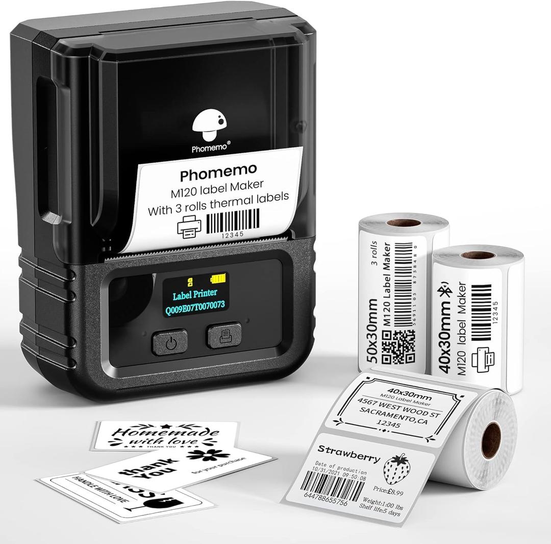 Phomemo M120 Label Maker, 2 Inch Bluetooth Thermal Label Printer with 3 Rolls Thermal Label(4030/4030/5030mm), Label Maker Machine for Small Business, Barcode, Address, Sticker Printer for Phone & PC (Black)