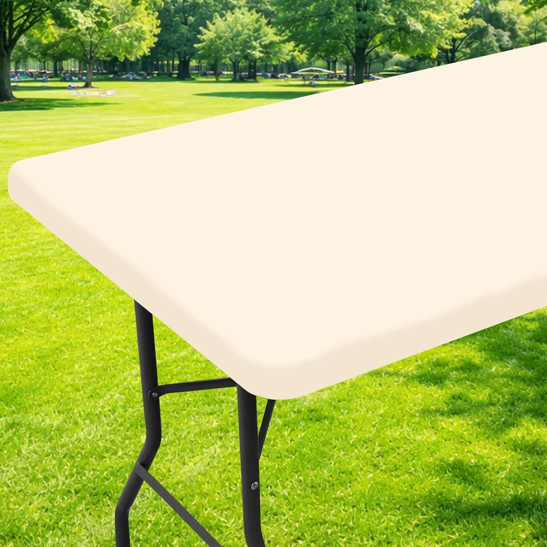 Moosfor Spandex 4 Foot Rectangle Table Cloth, Elastic Fitted Tablecloths for Picnic, Stretch Washable Patio Table Cover for Outdoor, Camping, Banquet and Parties (Champagne, 30"x48")