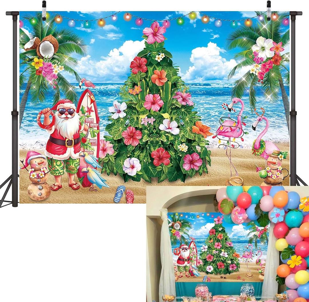 Christmas in July Backdrop 8x6FT Summer Hawaiian Tropical Beach Flamingo Photography Background Family Holiday Party Supplies Photo Props