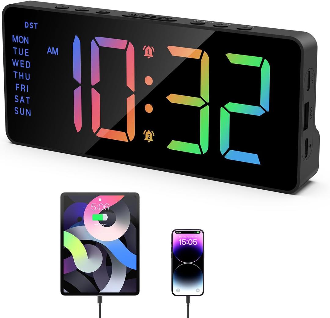 ORIA Digital Alarm Clocks for Bedrooms, Dual Alarm Clock with Large LED Display, Rechargeable Bedside Clock with Colorful Digit, Adjustable Volume Brightness, Snooze, for Home Living Room Travel