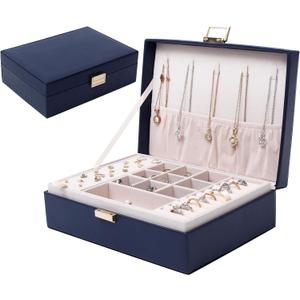PU Leather Jewelry Box Organizer with 2 Layer Display Storage Cases and Removable Tray for Necklace, Earrings, Rings, Bracelets for Women Girls Gift, Navy Blue
