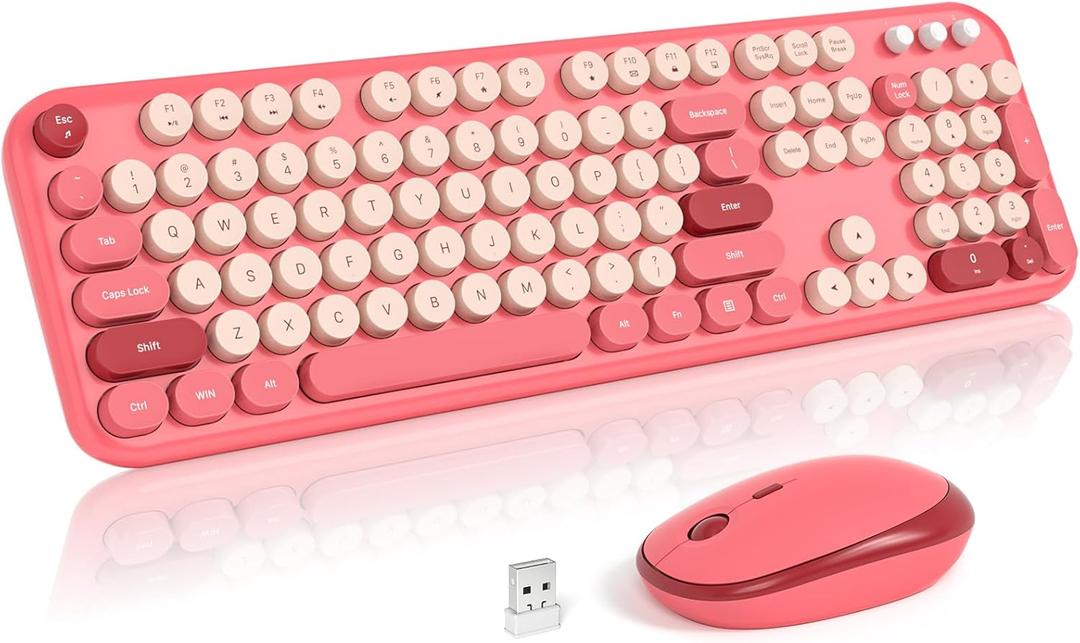 Wireless Keyboard and Mouse Combo, 2.4Ghz USB Retro Full Size Typewriter Keyboard and Cute Mouse Set for Windows 7/8/10, Laptop, Desktop, PC, Computer (Light Peach Pink)
